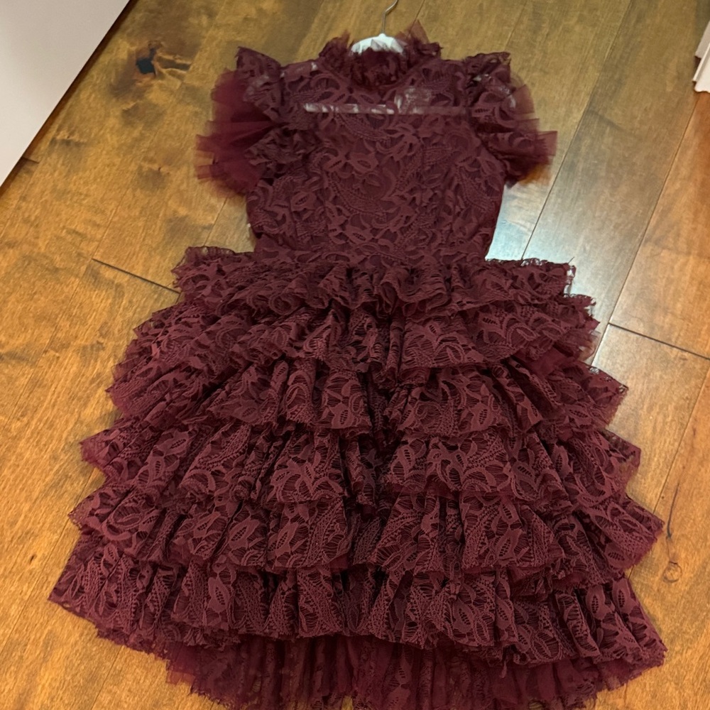 Joyfolie Burgundy Lace Tiered Kids Dress
